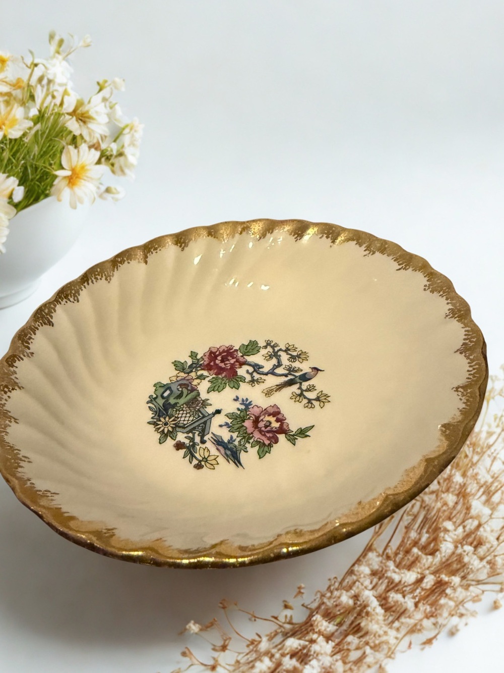 Cream and Gold Floral Decorative Serving Bowl - Vintage-Style